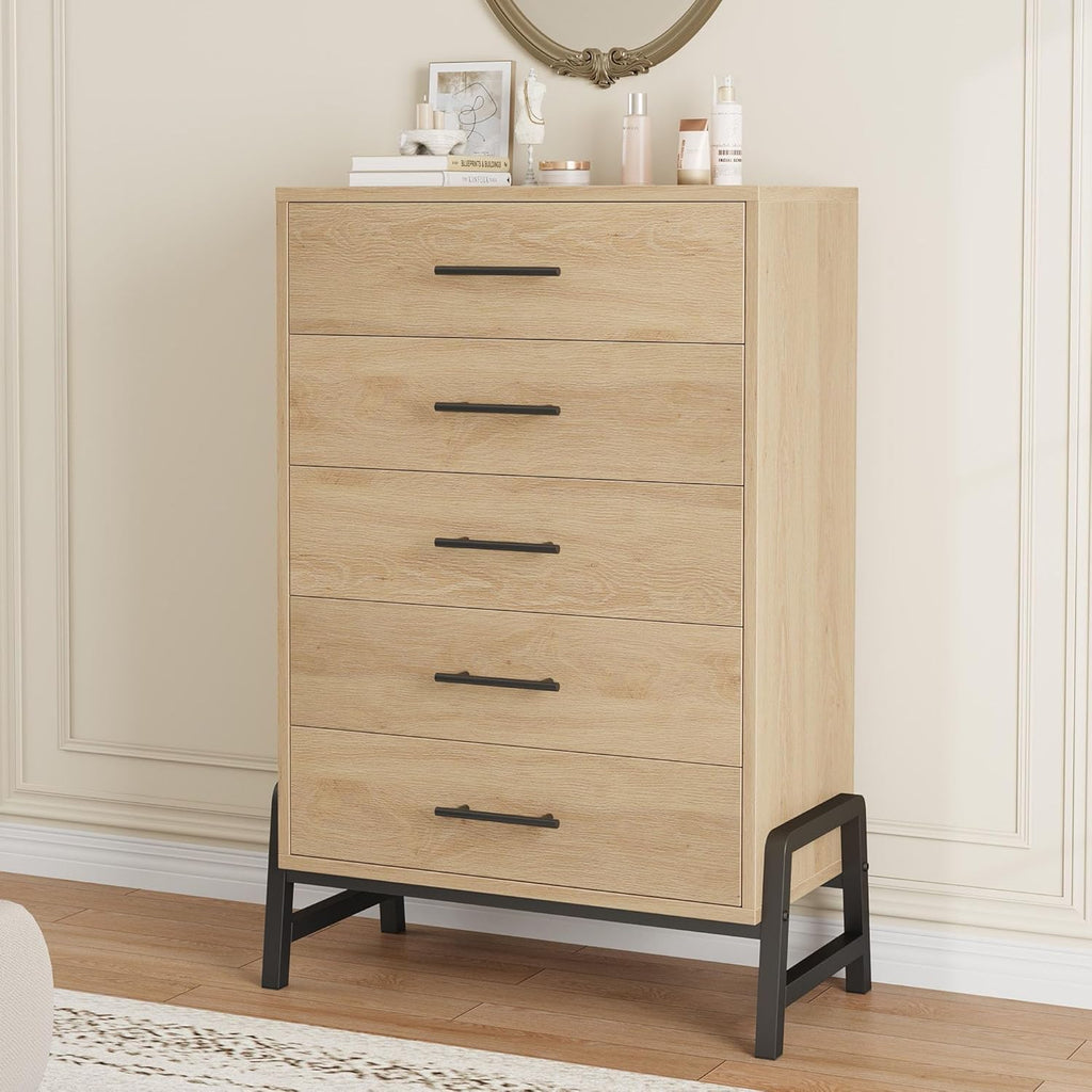 Garvee 5 Dresser for Bedroom, 50.5 in Tall Drawer with Large Storage Space, Freestanding Wooden Closet Storage Dresser Chest for Living Room, Bedroom, Entryway, Natural Oak
