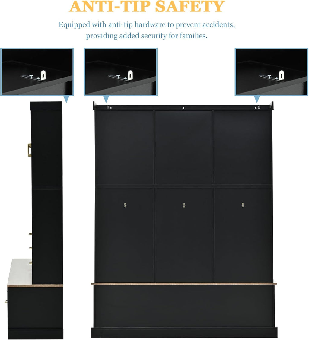 Hall Tree with Storage Bench & Coat Rack 58''W Modern Tall Entryway Oranizer Cabinet with 6 Drawers, 3 Metal Hooks for Living Room Hallway Mudroom, Black