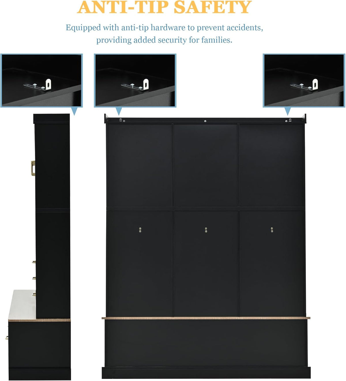Hall Tree with Storage Bench & Coat Rack 58''W Modern Tall Entryway Oranizer Cabinet with 6 Drawers, 3 Metal Hooks for Living Room Hallway Mudroom, Black