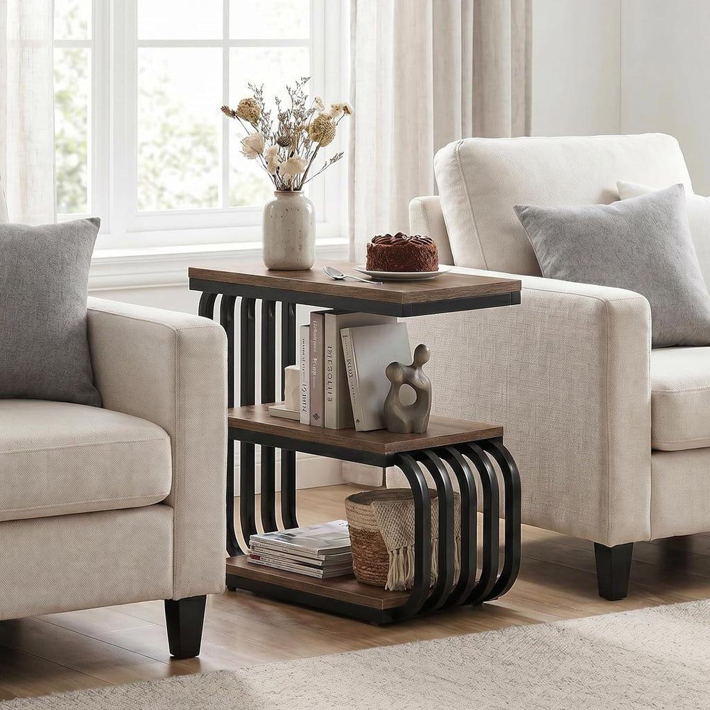 Tribesigns Small Narrow End Table with Storage Shelf, Industrial Side Tables with Curved Metal Frame, 3-Tier Accent Table and Nightstand for Living Room, Bedroom, Small Space (1, Brown)