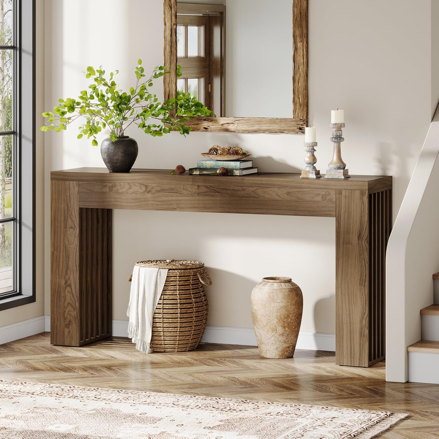 Tribesigns 59-Inch Long Wooden Console Sofa Table Behind The Couch with Vertical Slat Legs for Entrance, Hallway, Entryway, Living Room (Rustic Brown)