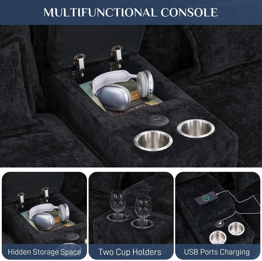 133" Oversized U Shaped Cloud Couch Modular Sectional Couches for Living Room Comfy Chenille Deep Seat Sofa Set with Double Chaise Lounge, Storage Central Console, Cup Holders, USB Port, Dark Black
