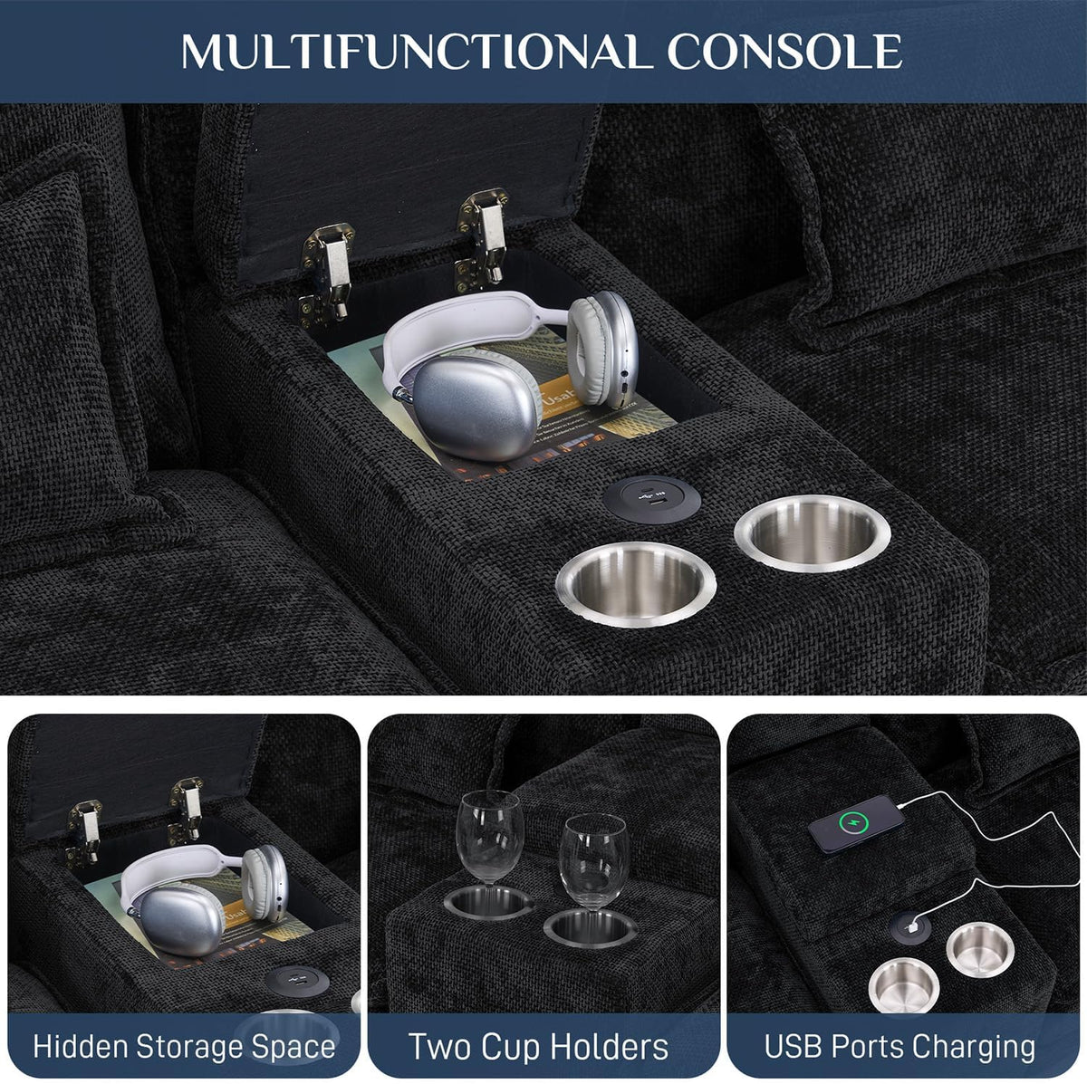 133" Oversized U Shaped Cloud Couch Modular Sectional Couches for Living Room Comfy Chenille Deep Seat Sofa Set with Double Chaise Lounge, Storage Central Console, Cup Holders, USB Port, Dark Black
