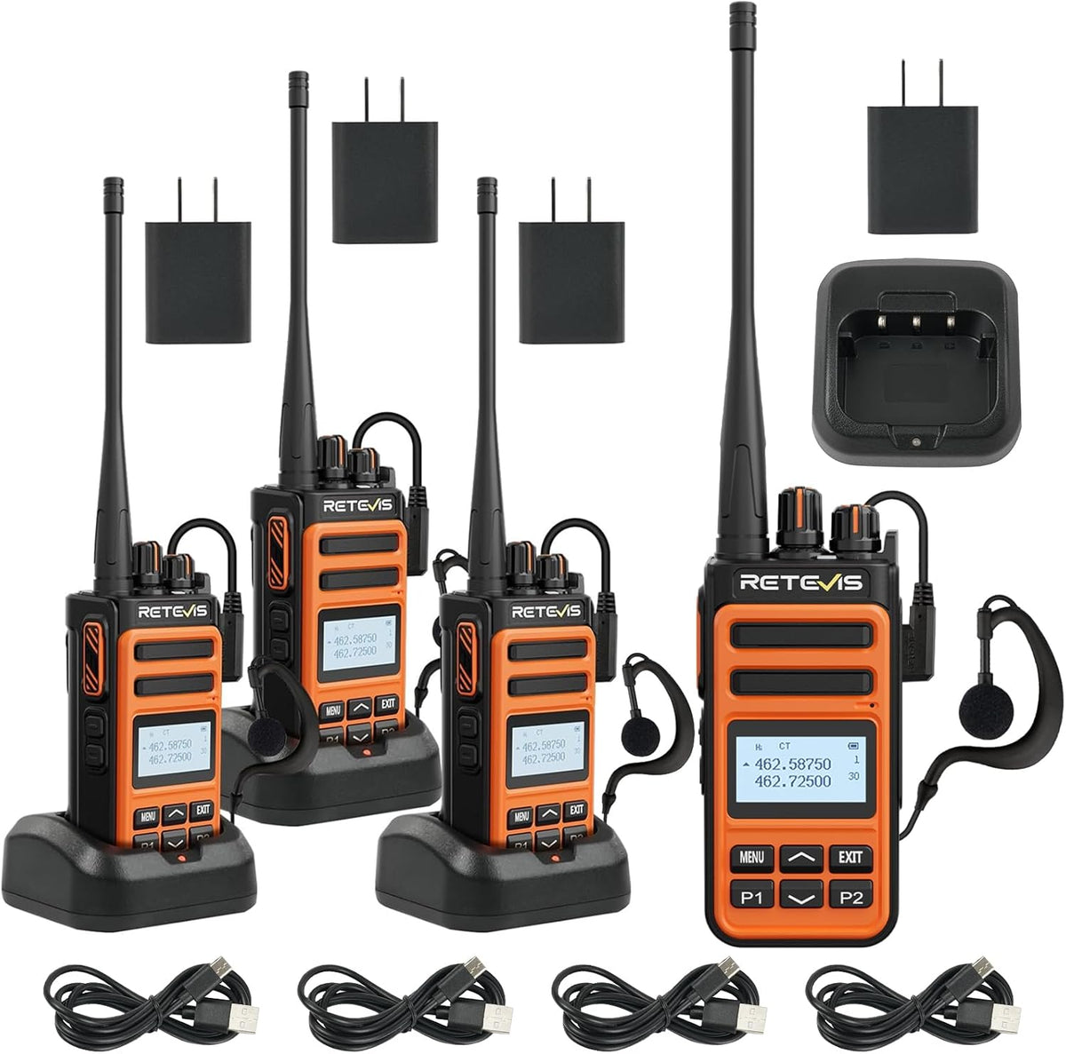 Retevis MateTalk C6B GMRS 2 Way Radio Long Range,Fast Charging Walkie Talkies Rechargeable with Earpieces,NOAA,LCD Screen,Type-C,1500mAh,Easy Pairing,Rugged Two Way Radio for Security Job site(4 Pack)