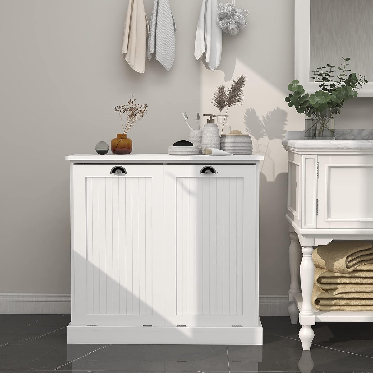LUMISOL Double Tilt-Out Laundry Hamper Cabinet, Modern Laundry Cabinet with Removable Fabric Baskets, Wooden Bathroom Storage Cabinets with Doors for Living Room, Kitchen, White