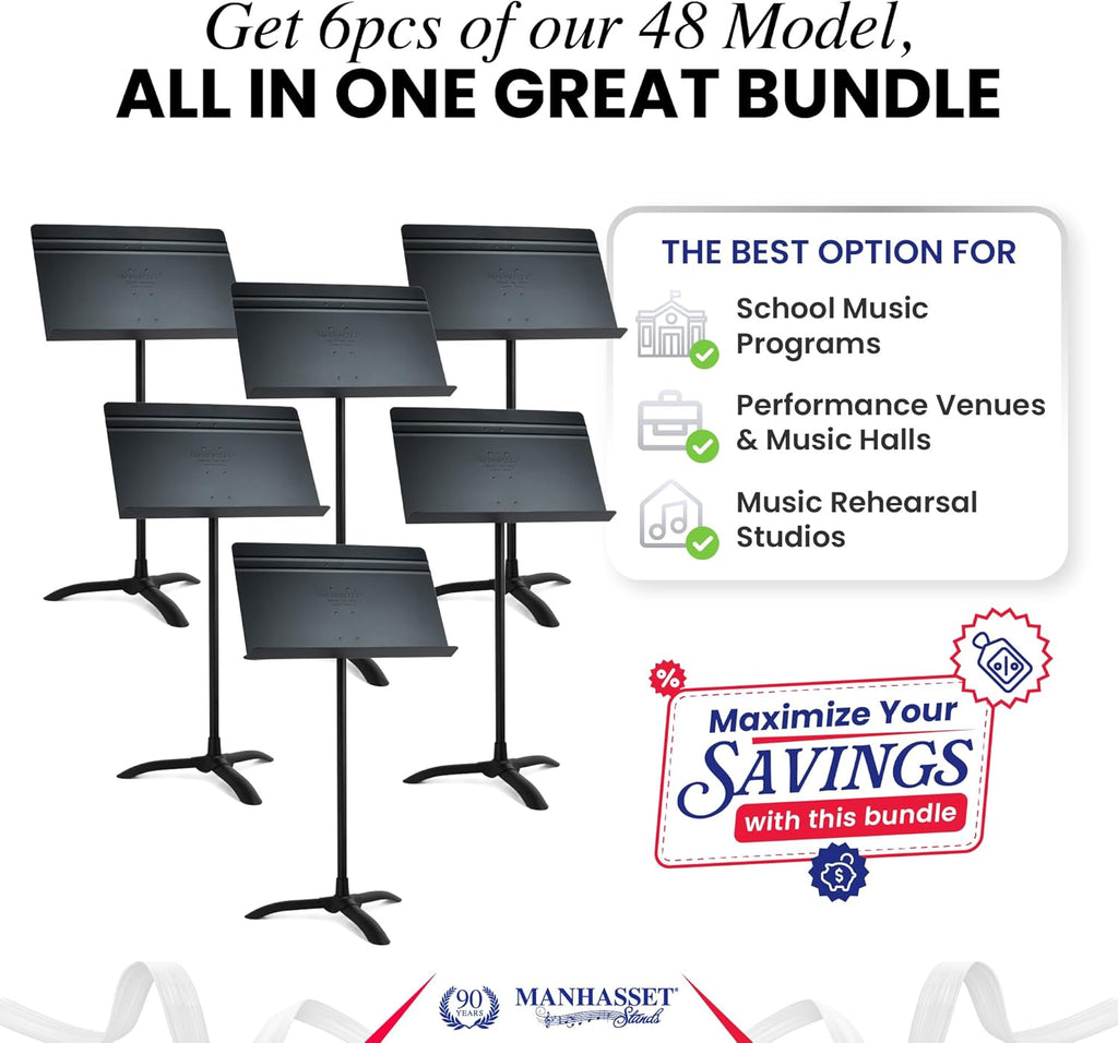 Manhasset Music Stand For Sheet Music - Bulk Pack of 6 Stands - 48 Symphony Model - Long Lasting, Durable Manhasset Stand - Adjustable Height - 20" by 12" - Made in the USA