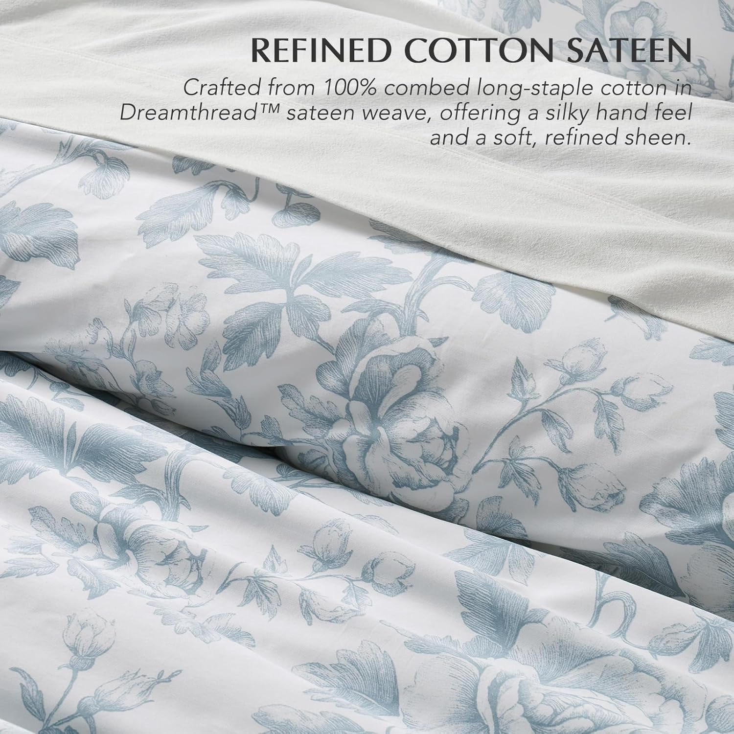 EverGrace 100% Cotton Sateen Duvet Cover Set Queen Size, 3 Piece Floral Toile Bedding Set, Pre-Washed Soft & Breathable, Button Closure with 2 Pillow Shams, Blue Linen, 90"x92"