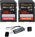 SanDisk Extreme PRO 128GB 2-Pack UHS-I U3 SDXC Memory Card + Green Extreme USB 3.0 Type-A and Type-C OTG Card Reader