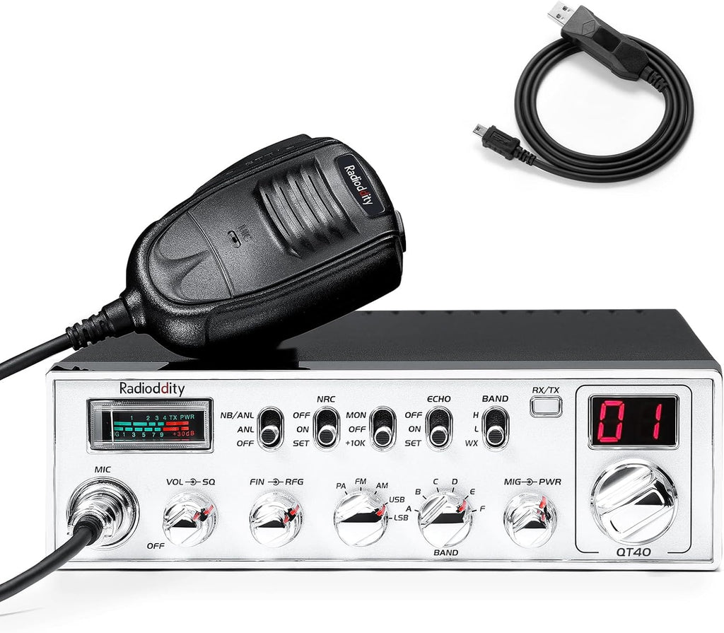Radioddity QT40 10 Meter SSB Ham Radio, Digital Noise Reduction 40W High Power Amateur Radio with NOAA Alert, AM/FM/PA Mobile Transceiver with CTCSS/DCS, USB Programming Cable, Perfect for Truck
