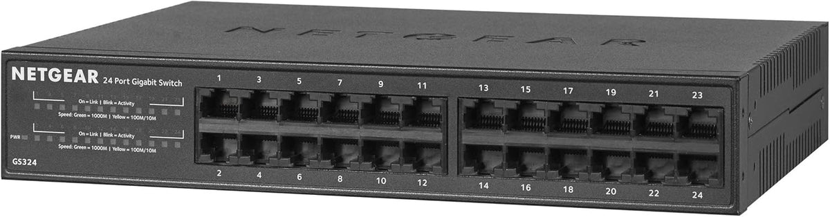 NETGEAR 24-Port Gigabit Ethernet Network Switch, Hub, Internet Splitter (GS324) - Desktop/Rackmount, Fanless Housing for Quiet Operation, Black