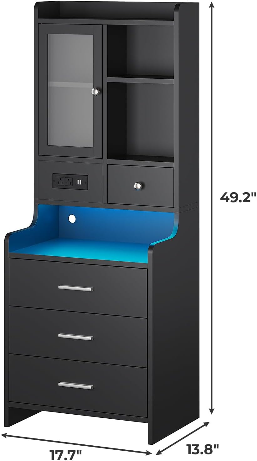 ADORNEVE Black Night Stand Set of 2 with Charging Station,49.2" LED Nightstand for Bedroom,Tall Bedside Table with Bookshelf and Drawers,Side Tables Bedroom,13.8" D x 17.7" W x 49.2" H
