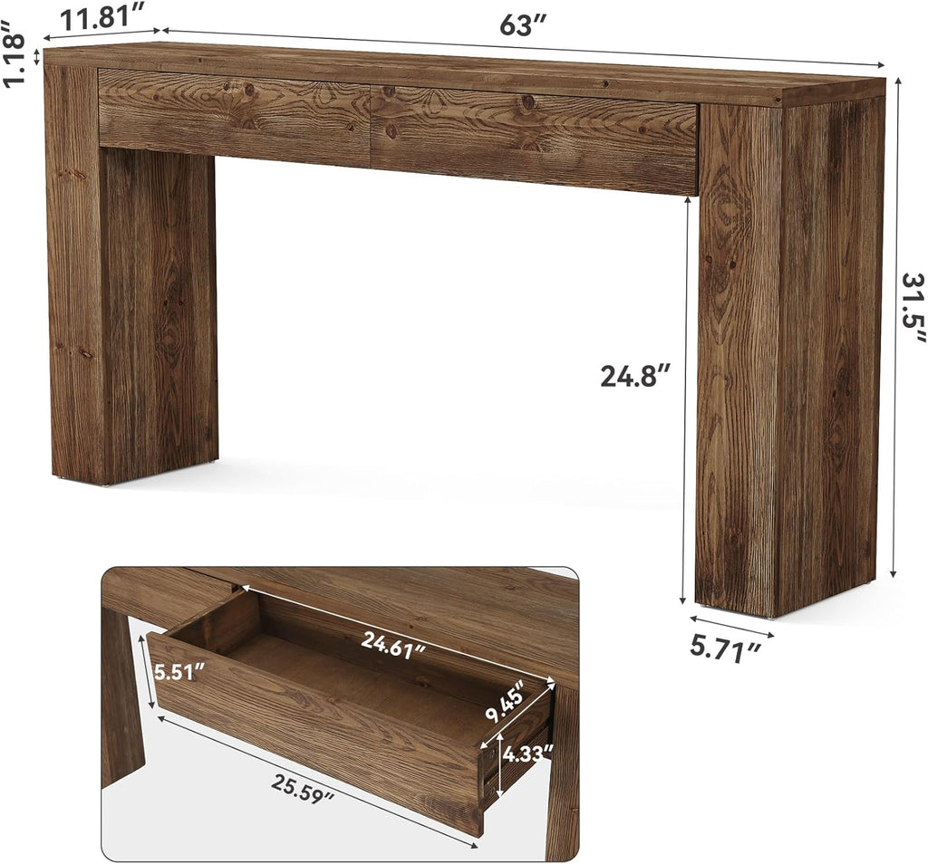 LITTLE TREE Solid Wood 63 Inches Console Table with 2 Drawers, Vintage Brown Sofa Table Behind Couch for Living Room, Long Hallway Foyer Entryway Table for Entrance
