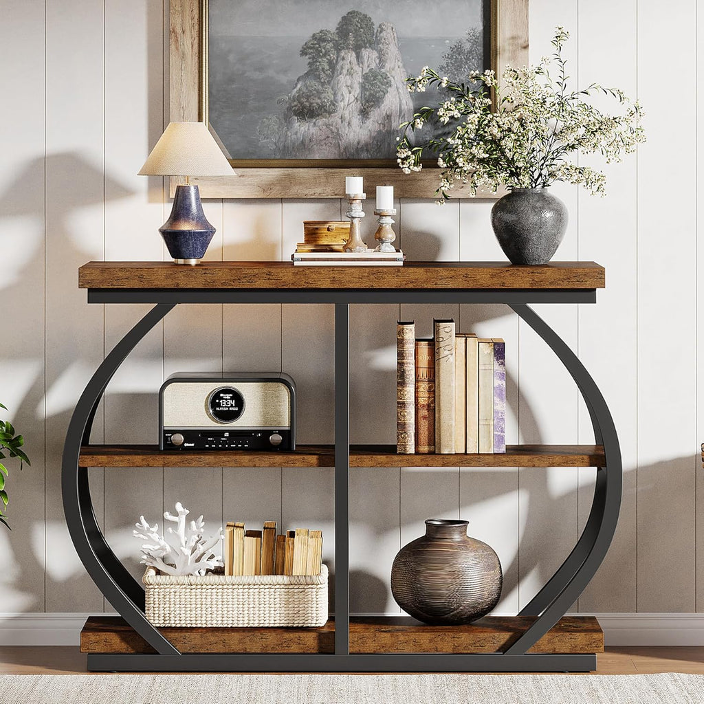 Tribesigns 41.3" Console Table, Industrial 3-Tier Entryway Table with Arched Metal Frame and Storage Shelves for Living Room, Hallway, Rustic Brown