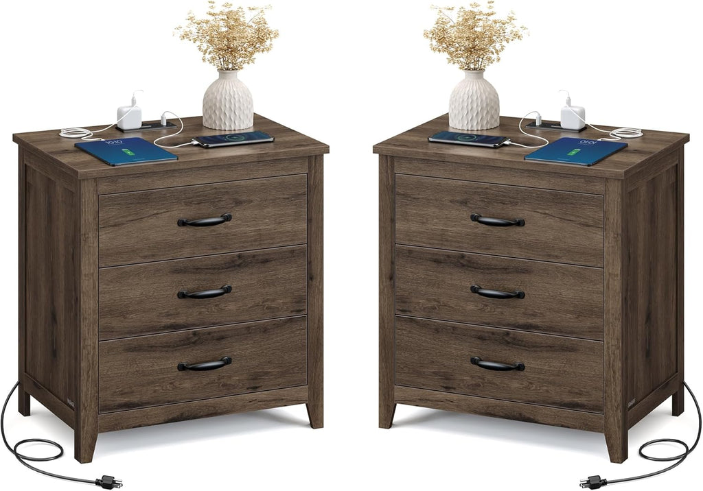 VASAGLE LIRY Collection - Farmhouse Nightstand with Charging Station, Set of 2, Bedside Tables, Side End Tables with 3 Drawers, for Bedroom, Taupe Brown ULET979T01