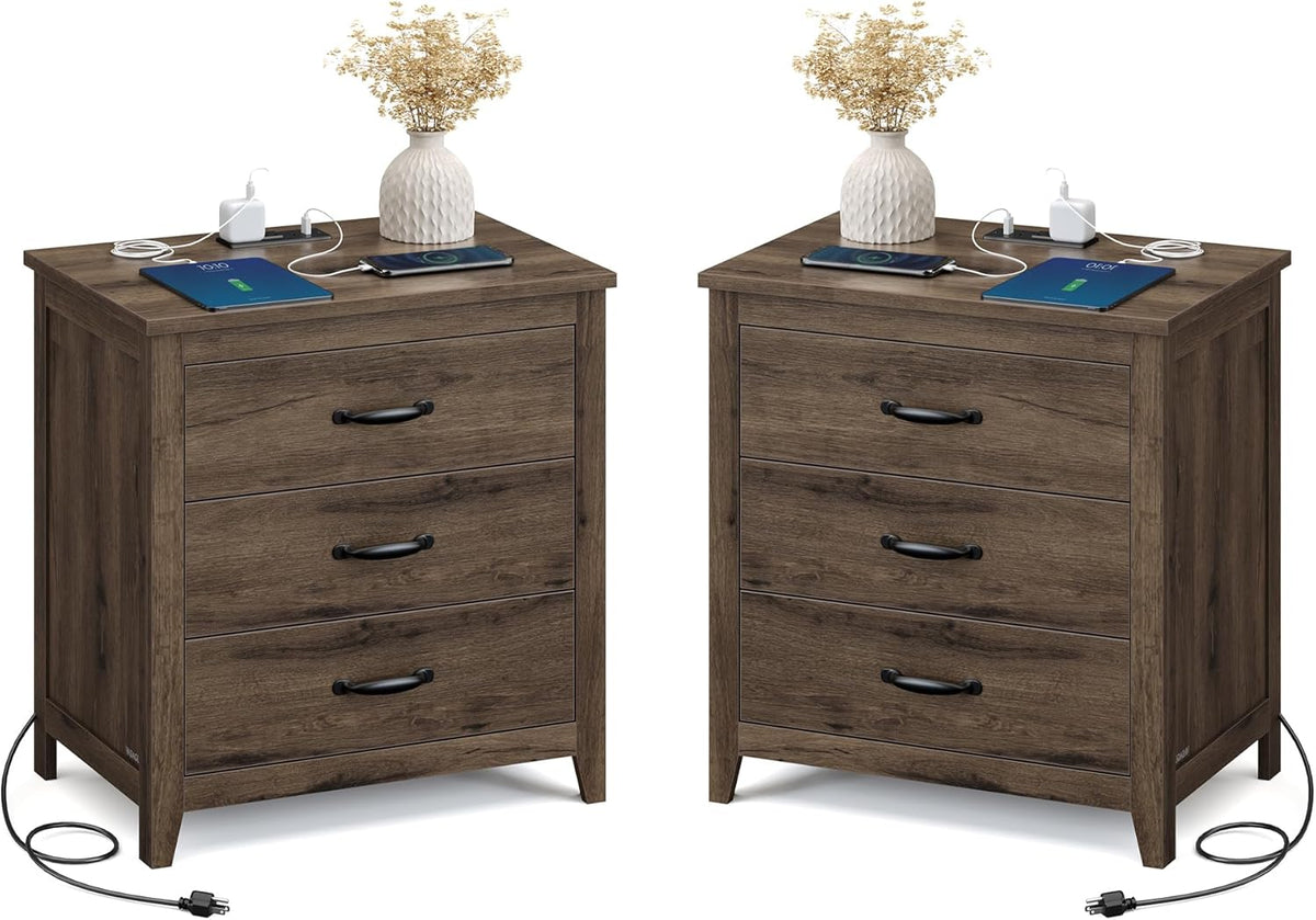 VASAGLE LIRY Collection - Farmhouse Nightstand with Charging Station, Set of 2, Bedside Tables, Side End Tables with 3 Drawers, for Bedroom, Taupe Brown ULET979T01