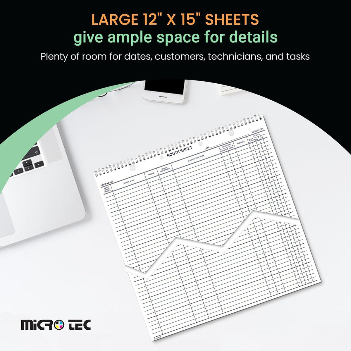 MICRO TEC Daily Service Route Sheets – 12" x 15" Daily Schedule & Appointment Sheets – Spiral Bound Route Planner on 100# Tag Stock Paper – Blue Ink Print – 100 Pages/Book (Book of 5)