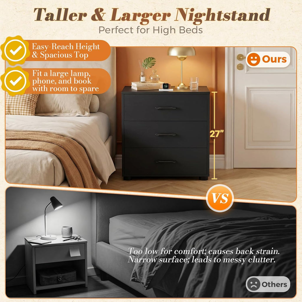 Aheaplus Night Stand with Charger Station, 21.7'' Wider Nightstands with 3 Wooden Drawers, Large Bedside Table, Modern Tall End Side Table, Nightstand for Bedroom, Black