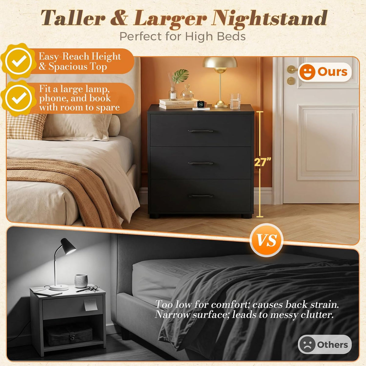 Aheaplus Night Stand with Charger Station, 21.7'' Wider Nightstands with 3 Wooden Drawers, Large Bedside Table, Modern Tall End Side Table, Nightstand for Bedroom, Black