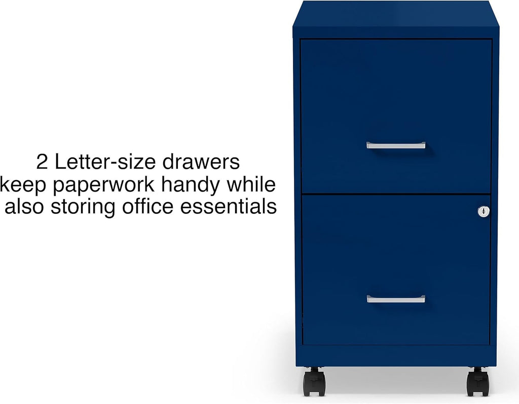 STAPLES 2-Drawer Vertical File Cabinet, Letter Size Documents, Lockable & Mobile, 18" D x 14" W x 26.3" H, Blue