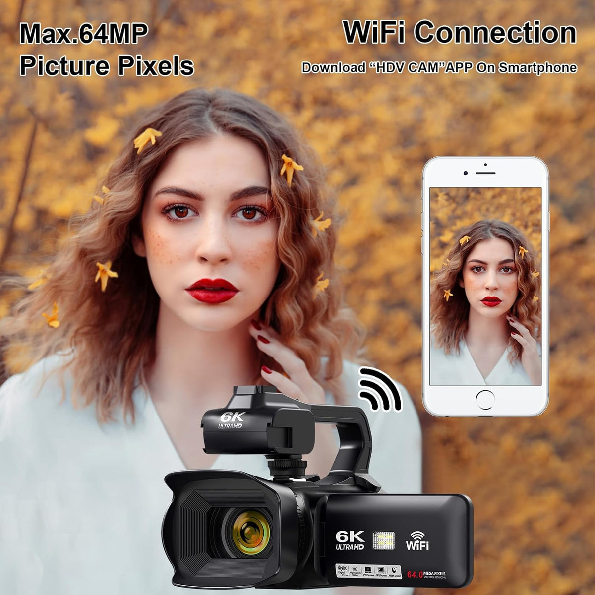 6K Camcorder Video Camera 64MP IR Night Vision Vlogging Camera for YouTube 18X Digital Zoom 4.0" Touch Screen Video Recorder with WiFi, Mic, Charger, Stabilizer, Controller, Battery and 64GB SD Card
