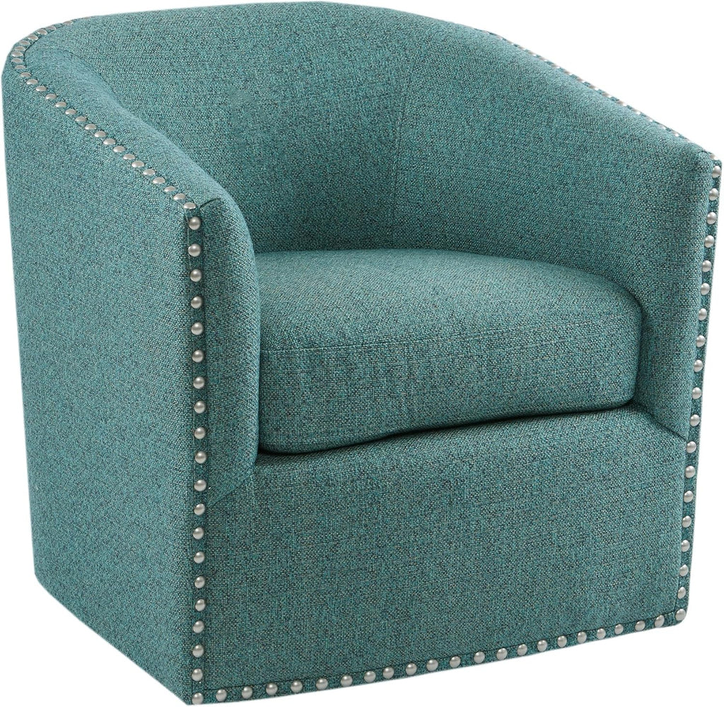 Madison Park Swivel Barrel Accent Chair, Upholstered Curved Back with 7-Inch Thick Woven Cushion, 360° Swivel, Nailhead Trim, Comfy Chair for Living Room, Bedroom, Office, 28" Wide, Teal, Tyler