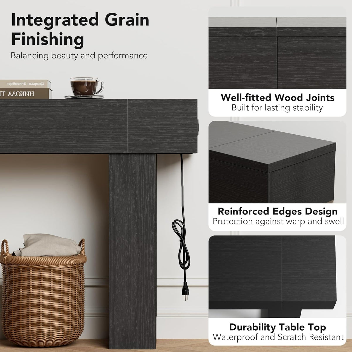 63 Inch Long Console Table w/Outlets & USB Ports, Narrow Rectangular Sofa Table Behind The Couch, Farmhouse Entryway Table for Entrance, Hallway, Living Room(Black with Outlet)