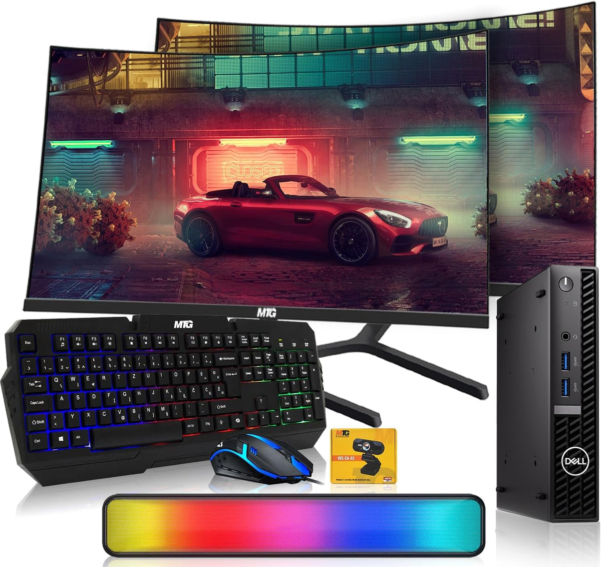 Dell Optiplex Tiny Mini Desktop PC, Intel Core i5, 16GB RAM, 512GB SSD with Dual 27 inch Curved Monitor, AI Enabled RGB Keyboard Mouse, RGB Soundbar and Webcam Windows 11 Pro (Renewed)