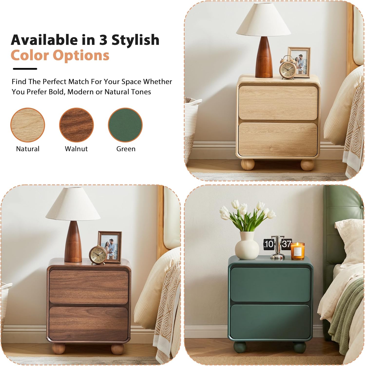 Small Night Stand Set of 2, Mid Century Modern Nightstands with 2 Drawers and Solid Wood Legs, 2 Drawer Dresser Curved Profile Design End Table Side Table for Small Space, Dorm, Bedroom(Natural)