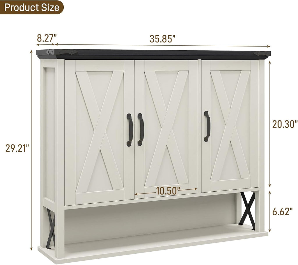 Halitaa Bathroom Wall Cabinet, Farmhouse Medicine Cabinet with Adjustable Wood Shelf & 3 Doors, Over The Toilet Storage Cabinet for Wall Mounted for Bathroom Laundry Room Kitchen, White and Black