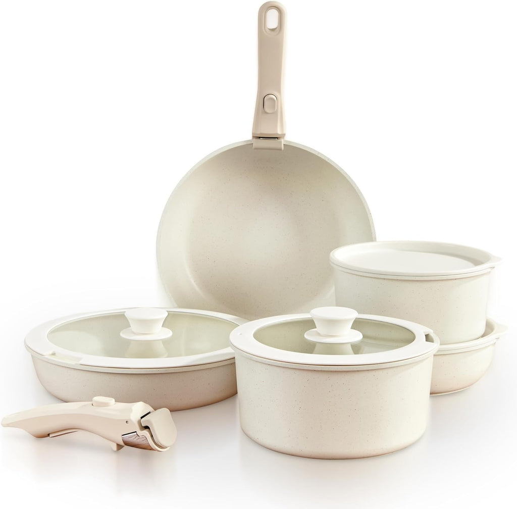 GOURMETIFIC® Pots and Pans Cookware Set 11 PIECES - Non Toxic Ceramic Coated Cooking Ware - Induction, Gas & Oven Kitchenware - Non Stick Pot & Pan with Removable Handles & Stackable (Cream)