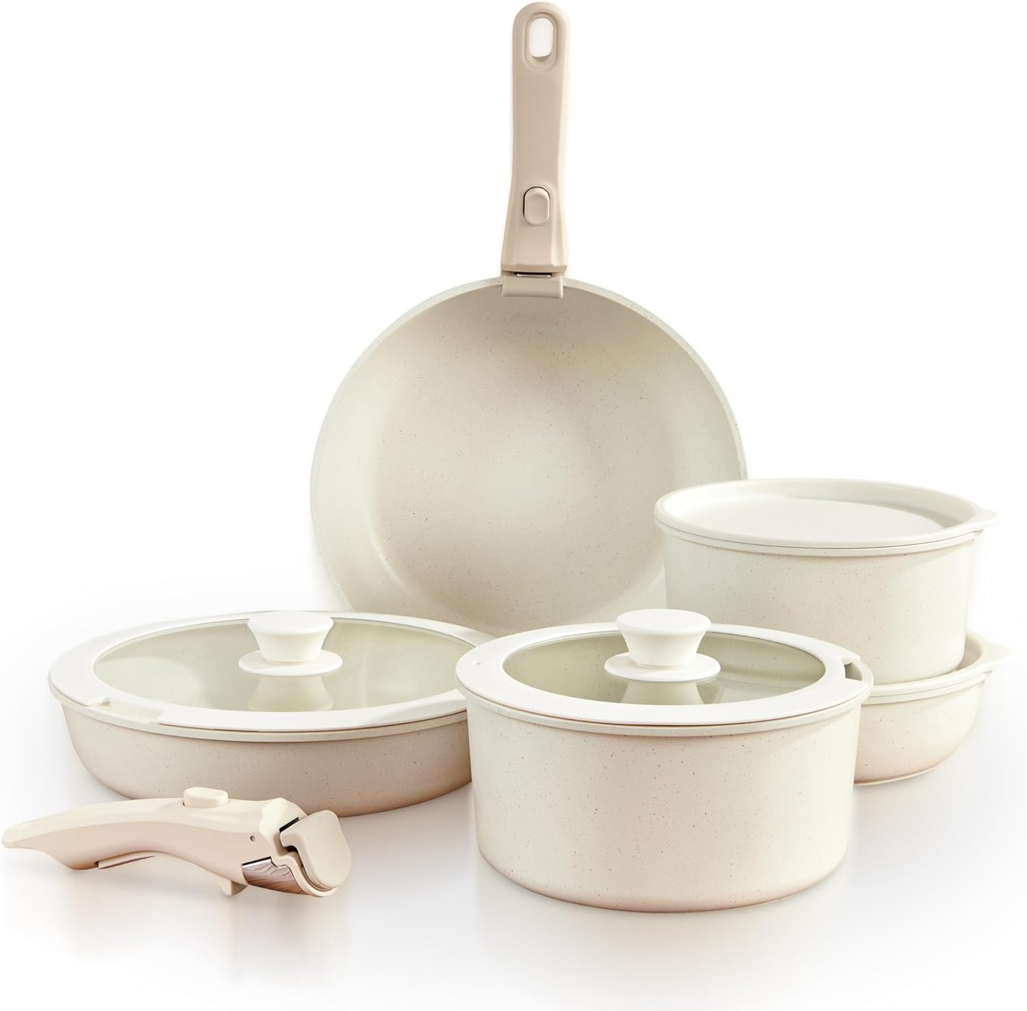 GOURMETIFIC® Pots and Pans Cookware Set 11 PIECES - Non Toxic Ceramic Coated Cooking Ware - Induction, Gas & Oven Kitchenware - Non Stick Pot & Pan with Removable Handles & Stackable (Cream)