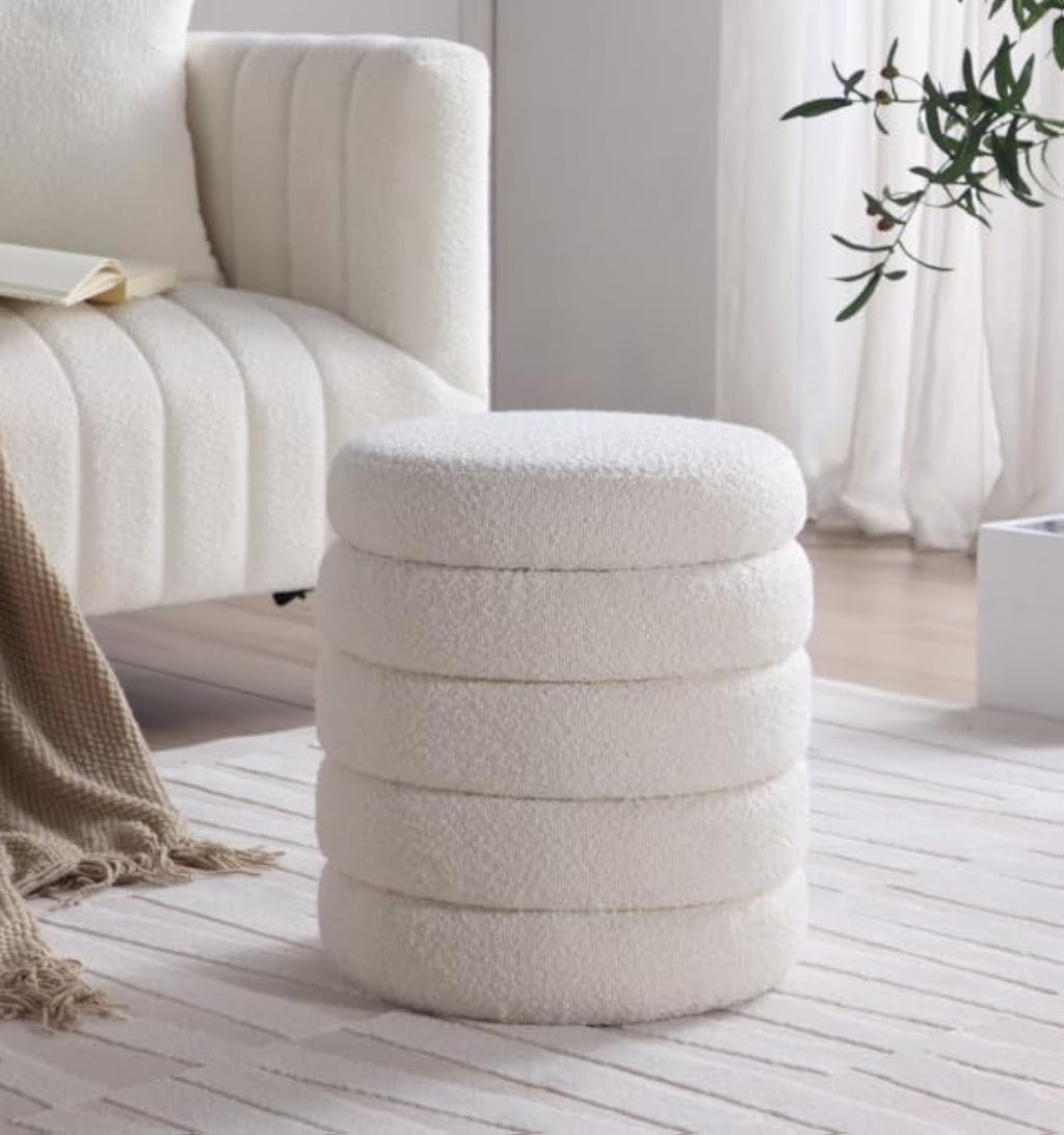 Get Set Style Modern Round Ottoman with Soft Padded Seat, Storage Vanity Chairs for Makeup, Upholstered Footrest Stool Ottoman Foot Stool for Living Room, Bedroom