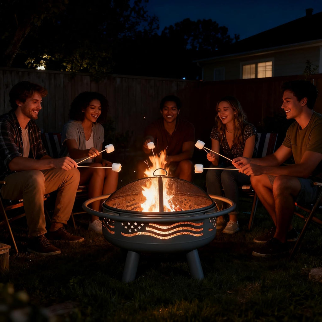 Breezz 32 Inch American Flag Fire Pit with Mesh Cover & Poker, Round Metal Wood Burning Outdoor Firepit for Patio, Garden, Backyard, Bonfire, Ideal for 4th of July, Memorial Day, Christmas