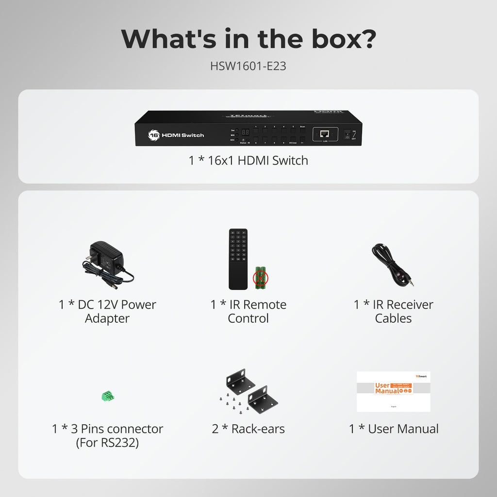 TESmart 16×1 HDMI Switch 16 in 1 Out 4K HDMI Switcher with IR Remote 4K@60hz 16 Port HDMI Switch Box HDCP 2.2,Auto Switch,19-inch Rack-Ears Mount,LAN Port Control,Auto Scan Switch