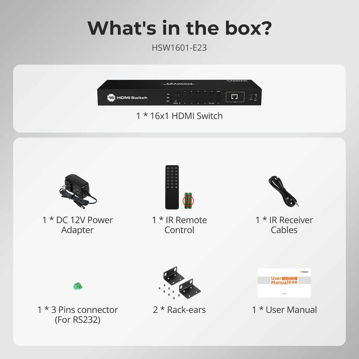 TESmart 16×1 HDMI Switch 16 in 1 Out 4K HDMI Switcher with IR Remote 4K@60hz 16 Port HDMI Switch Box HDCP 2.2,Auto Switch,19-inch Rack-Ears Mount,LAN Port Control,Auto Scan Switch