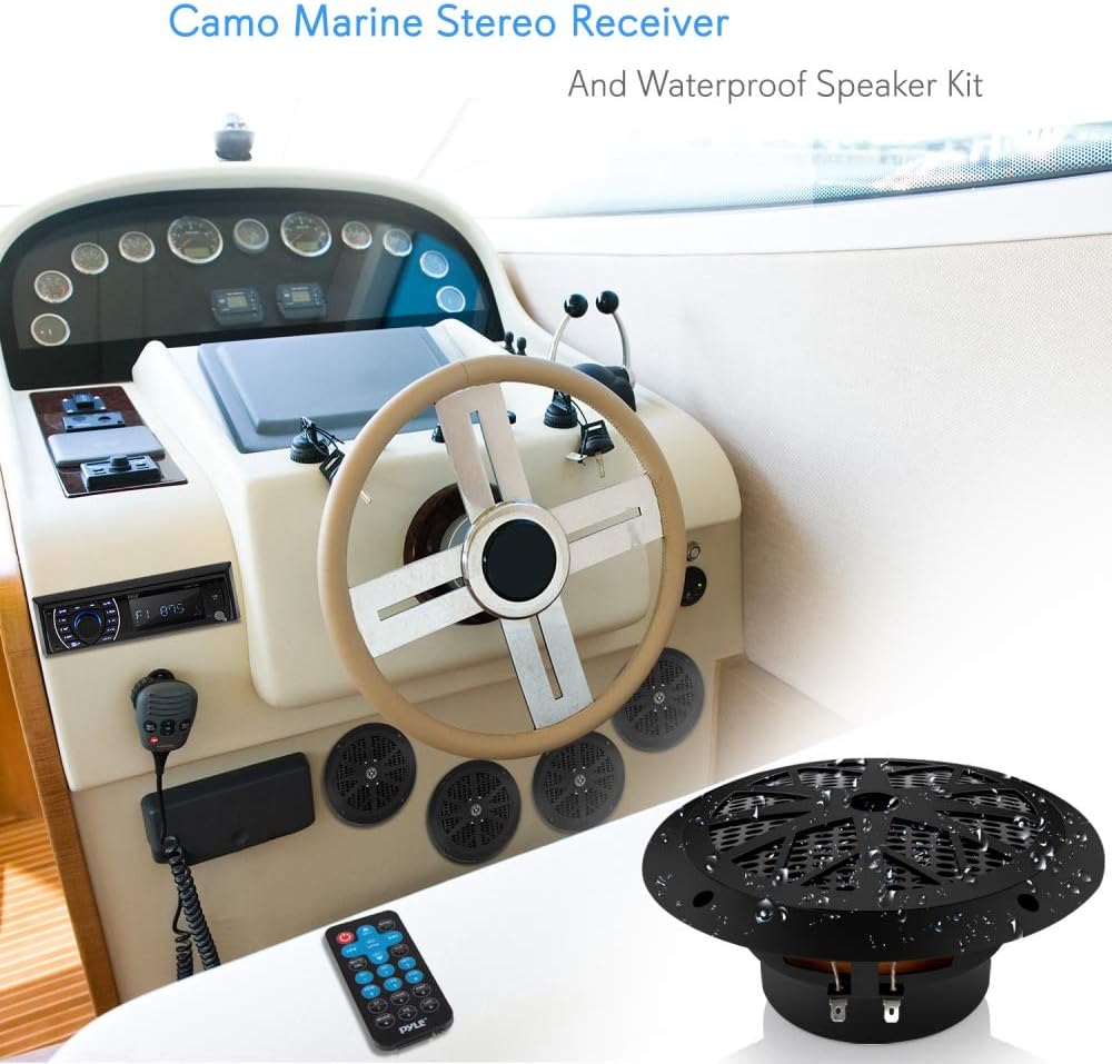 Pyle Marine Head Unit Receiver Speaker Kit - In-Dash LCD Digital Stereo Built-in Bluetooth & Microphone w/ AM FM Radio System 6.5'' Waterproof Speakers (4) MP3/SD Readers & Remote Control -PLMRKT48BK