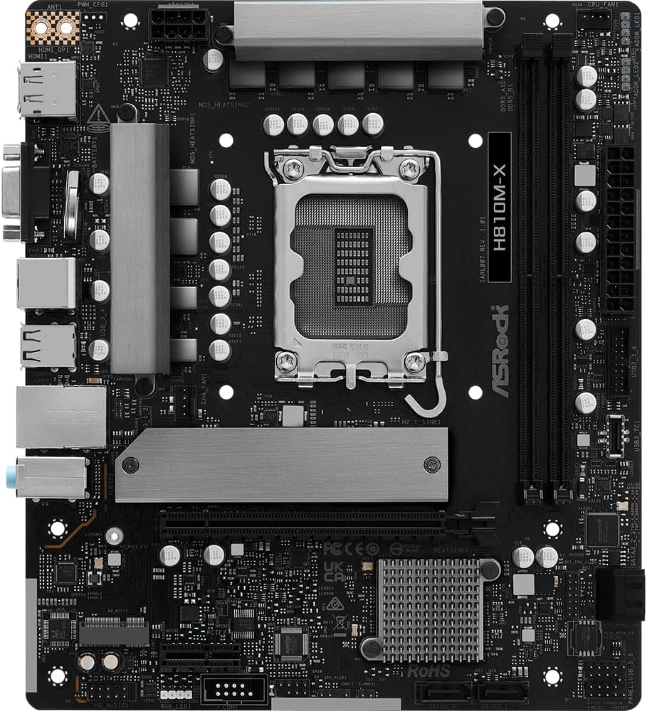 ASRock H810M-X LGA1851 Micro-ATX Motherboard, Supports Intel Core Ultra Series 2 Processors, DDR5 6400, PCIe 4.0, 2.5G LAN, HDMI, DisplayPort, VGA