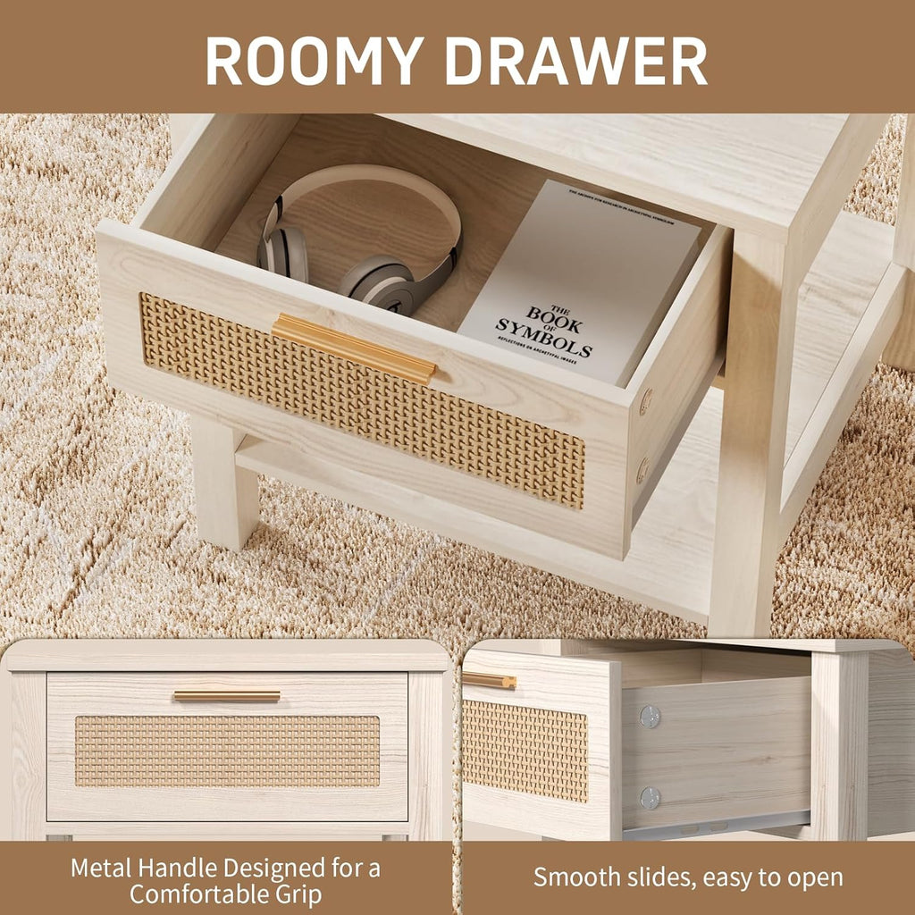 Set of 2 Nightstands, Modern End Table with Drawer and Storage Shelf, Rattan Night Stand for Bedroom Small Spaces, White Cream