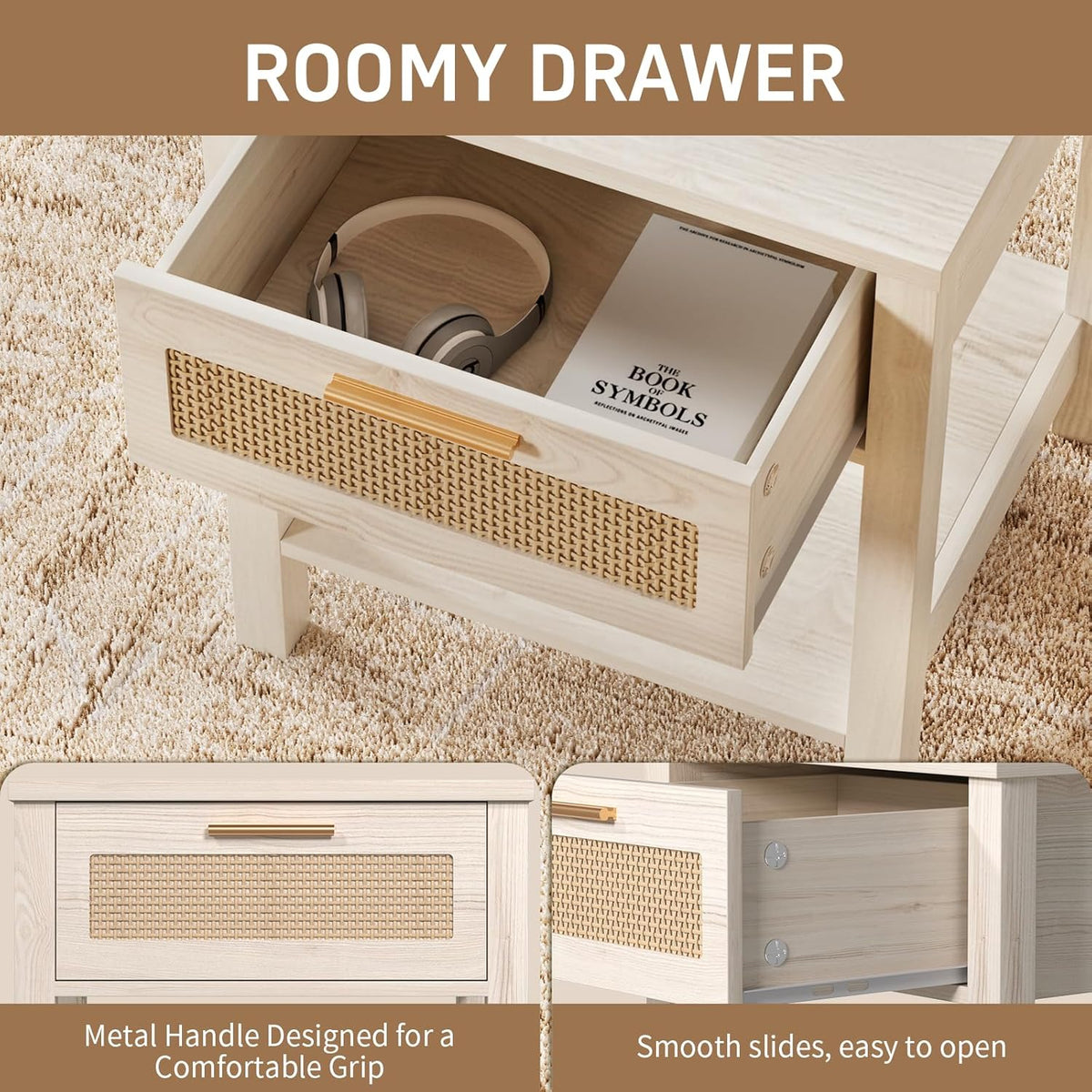 Set of 2 Nightstands, Modern End Table with Drawer and Storage Shelf, Rattan Night Stand for Bedroom Small Spaces, White Cream