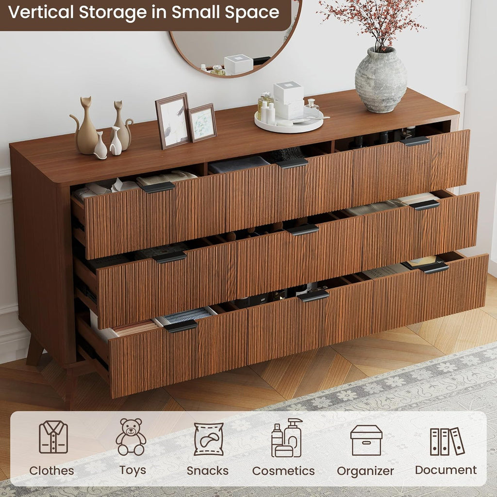 Fluted Dresser for Bedroom,59'' Modern Wooden Walnut Dresser with 9 Drawers, Bedroom Dressers, Natural Wood Chest of Drawers for Living Room, Hallway (Walnut)