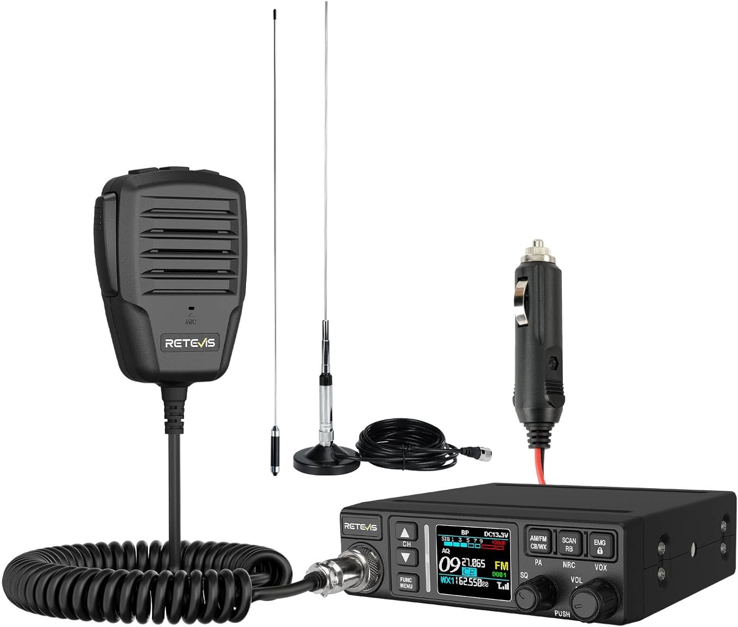 Retevis MB3B CB Radio with Antenna, WX Channel, Adjustable 5-Color LCD, SWR Warning, AM/FM CB Radio for Truck (MB3B-With Antenna)