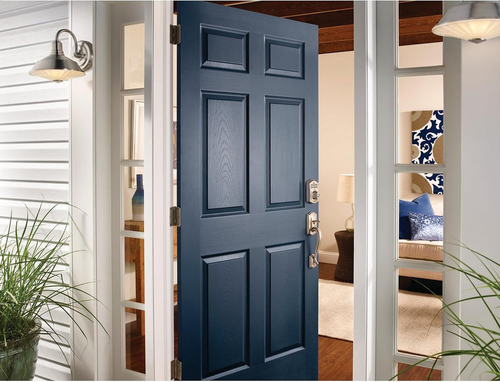 Schlage Camelot Electronic Keypad Deadbolt Lock, Keyless Front Door Entry, Mechanical Key Backup Included, Satin Nickel, BE365 V CAM 619