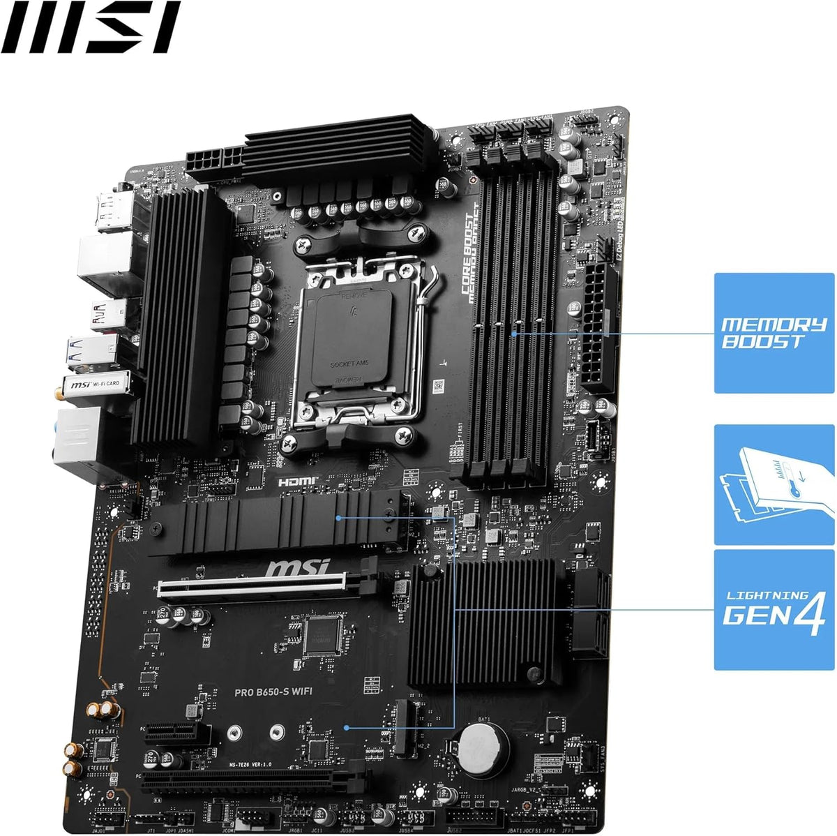 MSI PRO B650-S WiFi V1 Motherboard, ATX - Supports AMD Ryzen 9000/8000 / 7000 Series Processors, AM5 - DDR5 Memory Boost 6000+MHz/OC, 2 x PCIe 4.0 x16, 2 x M.2 Gen4, Wi-Fi 6E