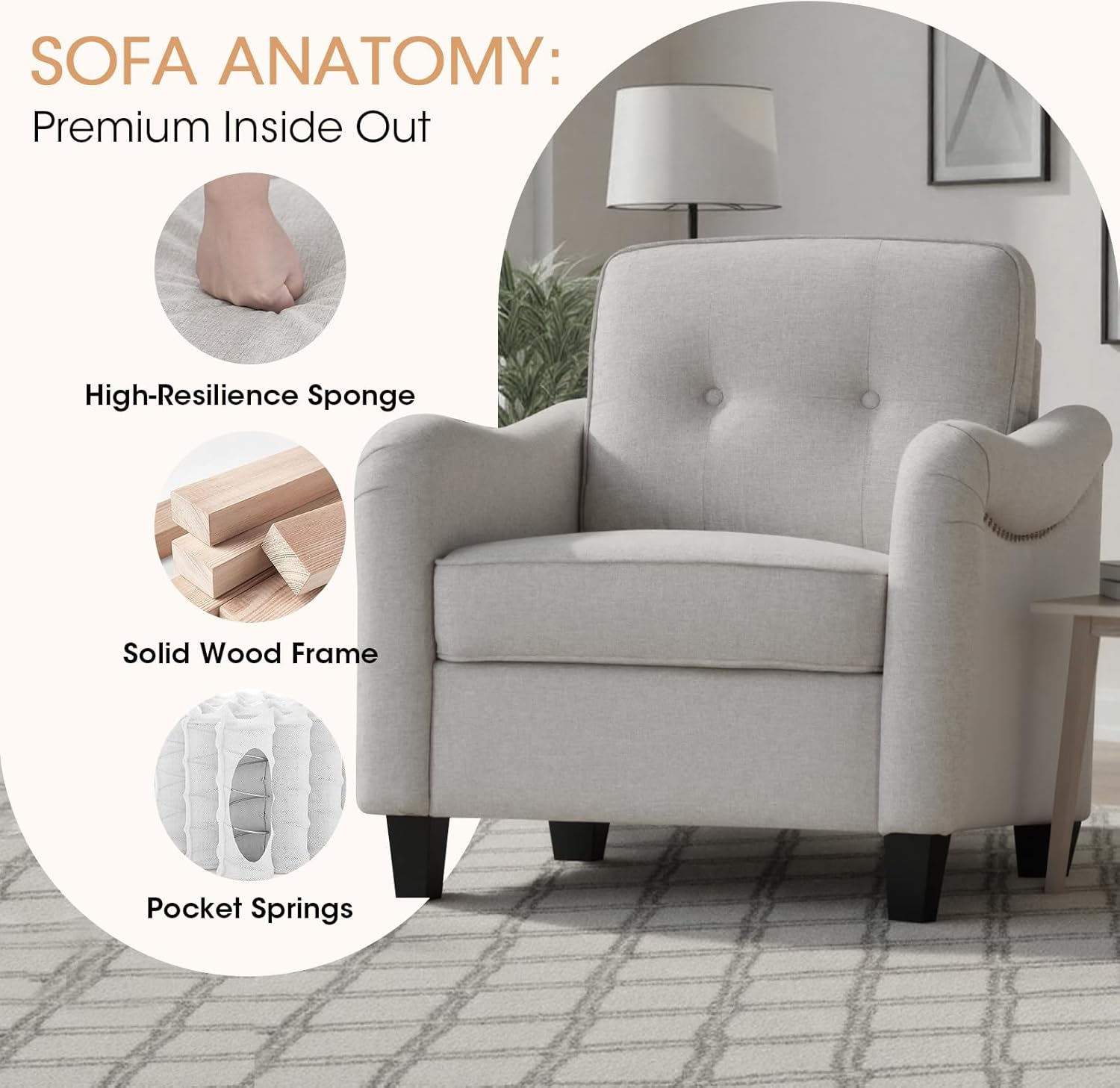 3 Piece Sofa and Loveseat Sets,Three Seat Sofa and Loveseat,Singel Armchair with Nail Head Trim Linen Upholstered with Tufted Back Cushions Curved Armrests Couches for Living Room Beige