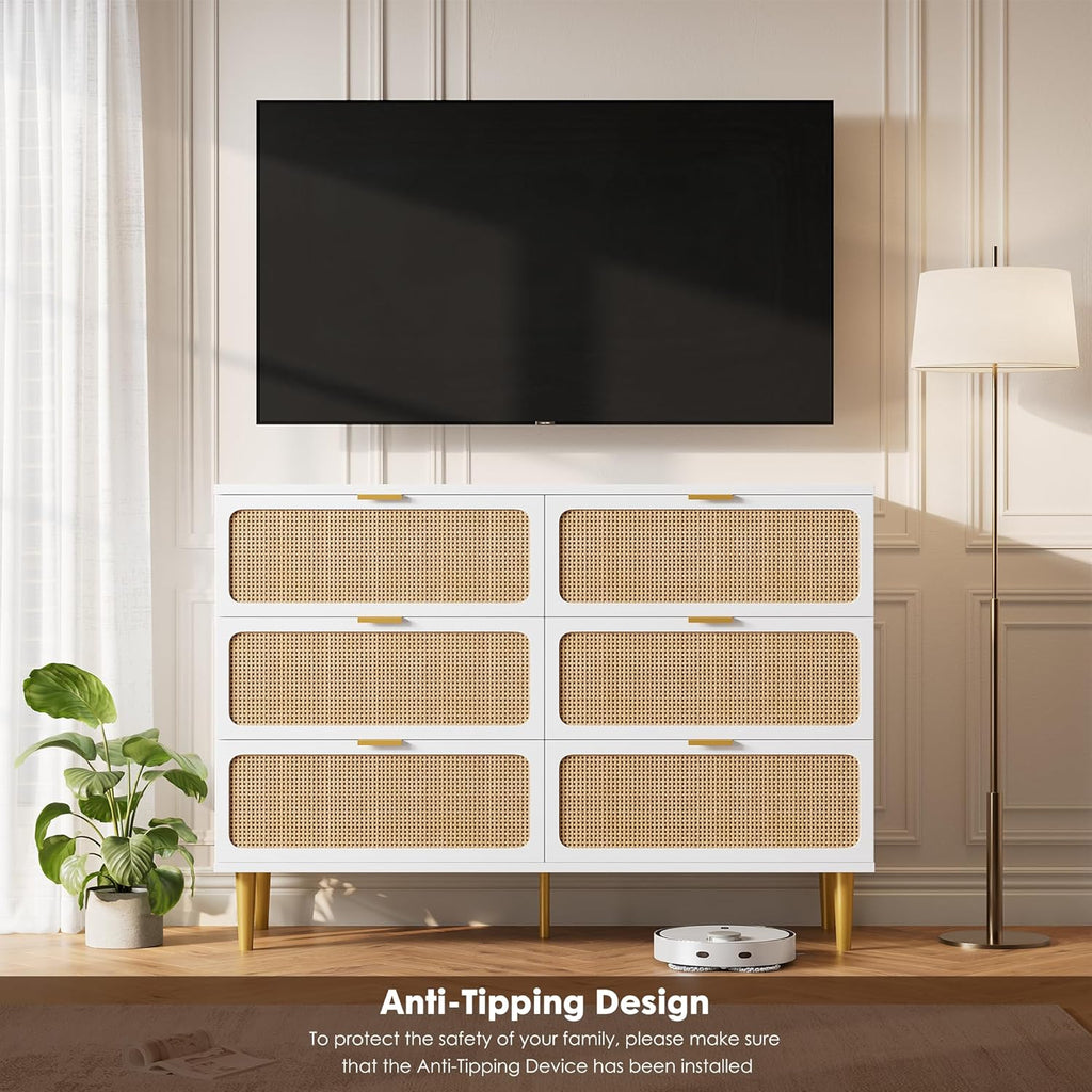 GarveeHome Rattan 6 Drawer Dressers for Bedroom, Large Double Dresser with Deep Drawers, Chest of Drawers for Closet with Wide Top, Long Wooden Dresser for Living Room, Hallway, Kids Room, White