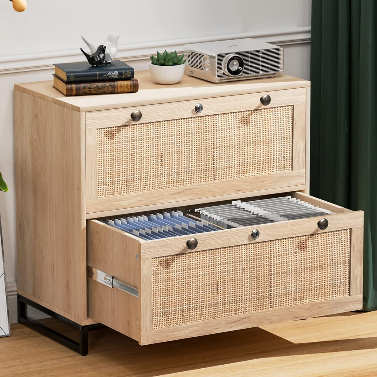 VINGLI Wood Rattan 2-Drawer Lateral File Cabinet with Lock for Home Office, Lockable Filing Cabinet with Rustic Metal Handles for Hanging Letter/A4/Legal Size Labeled Folders, Oak, 30W x 16D x 28H
