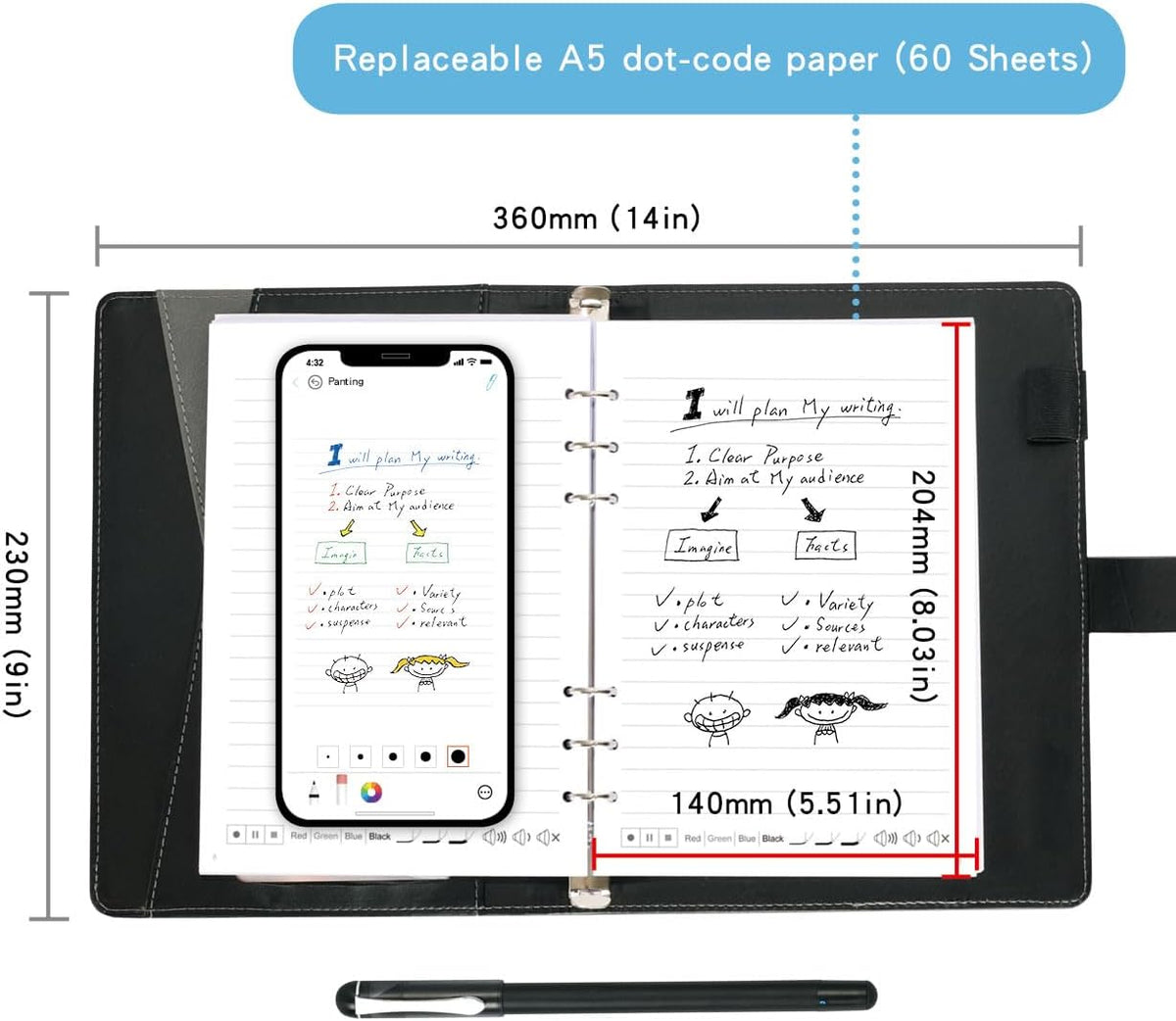 Ophayapen Smart Sync Pen for Note Taking with Notebook and Writing Board,Real-time Sync for Digitizing,Convert to Text,Storing,Sharing Paper Notes via APP on Smartphone & iPad (Android and iOS)