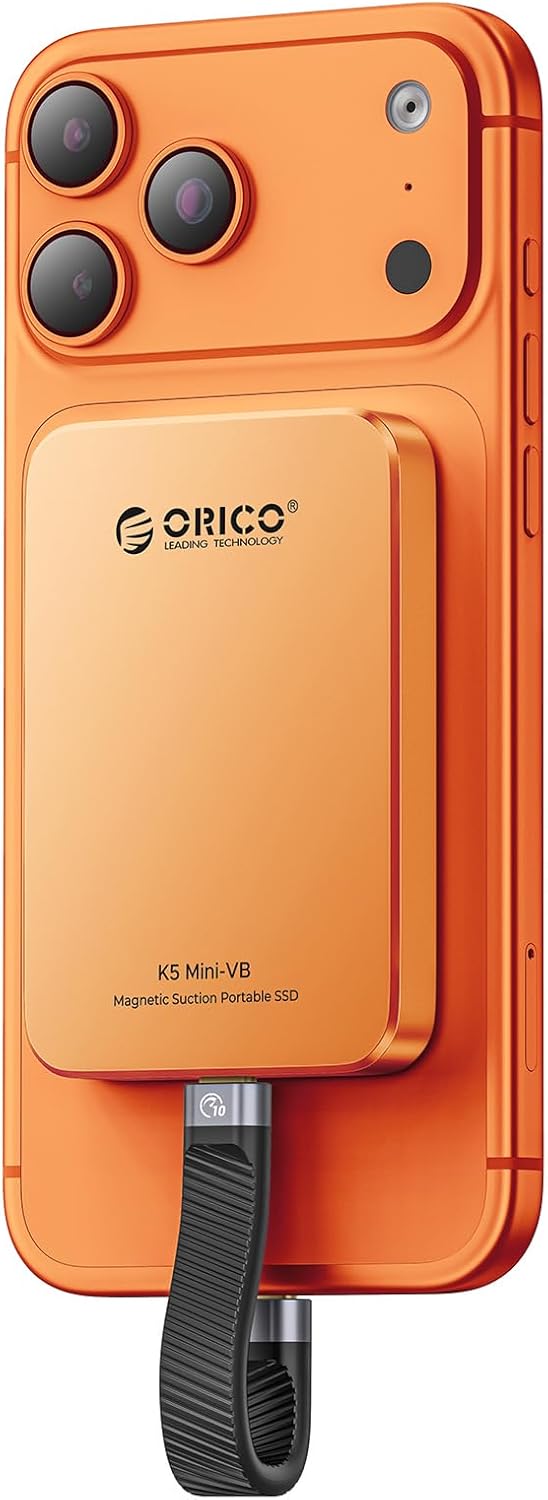 ORICO 1TB Magnetic External SSD, Aluminum Alloy, Up to 460MB/s, External Solid State Drive, Expand Storage for iPhone 17 Pro Max, Compatible w/MagSafe, USB-C Smartphones - K5MINI Orange