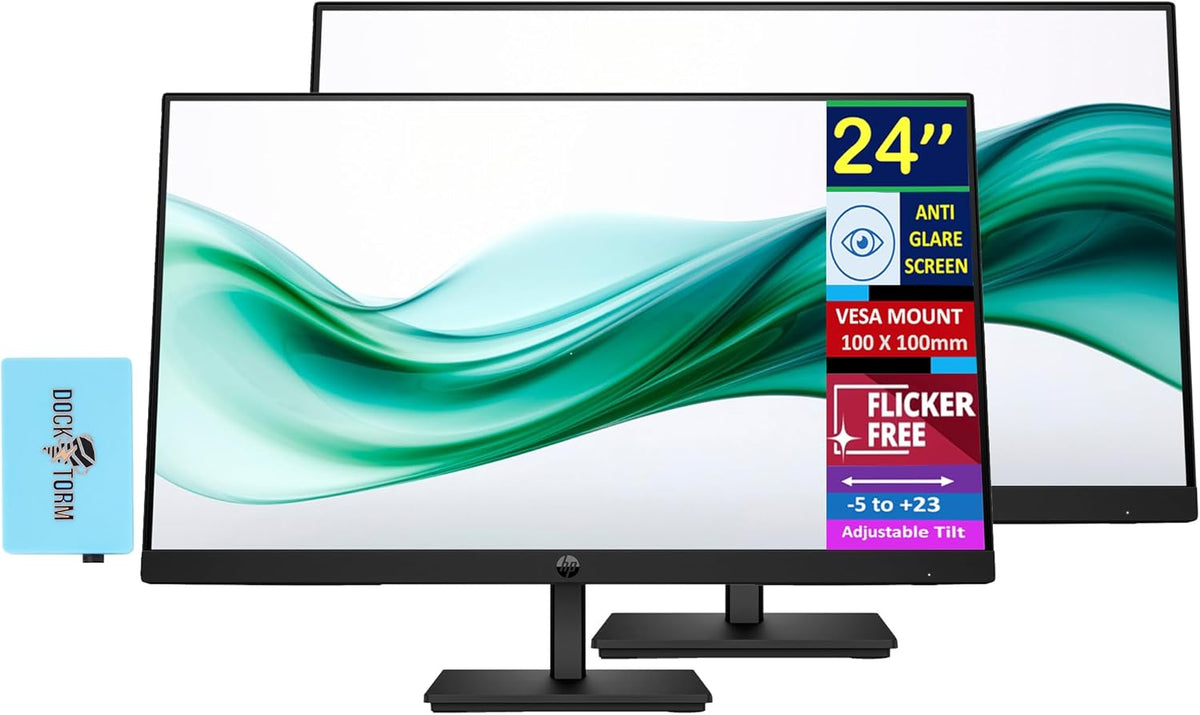 HP 24" Full HD (1920x1080) Computer Monitor Bundle with Docztorm Dock, 75Hz Anti-Glare Display, AMD FreeSync, HDMI, VGA, VESA Mount (100x100mm), Ideal for Home & Business, Black Pack of 2