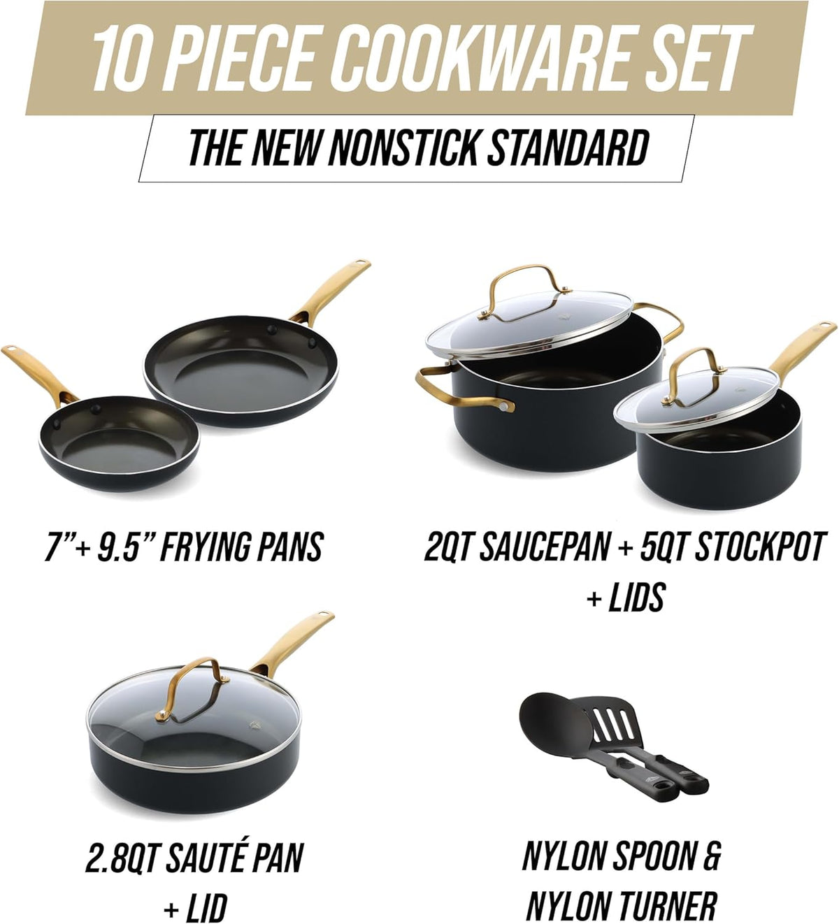 Blue Diamond Gold 10 Piece Cookware Pots and Pans Set, Induction Suitable, Diamond Infused PFAS-Free Ceramic Nonstick, Durable, Metal Utensil Safe, Dishwasher Safe, Gold Handle, Black